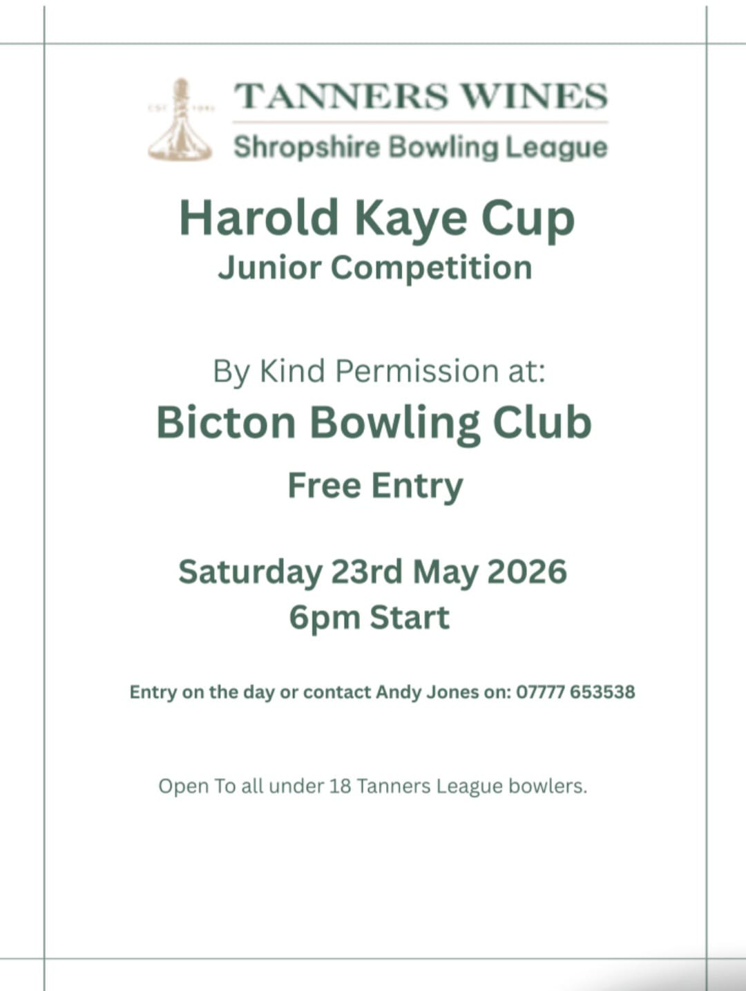Harold Kaye Cup – Saturday 23rd May 2026
